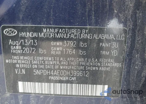 2013 Hyundai Elantra Gls from USA, damaged, VIN 5NPDH4AE0DH399612